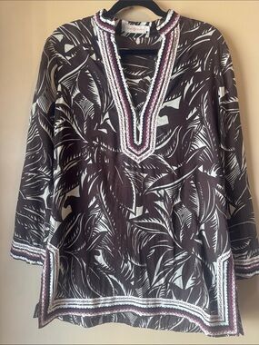 Tory Burch Brown and White Leaf-Print Tunic with Embroidered Trim
